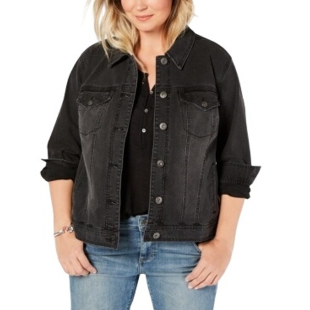 Style & Co Women's Plus Denim Trucker Jacket Black Smudge 14W